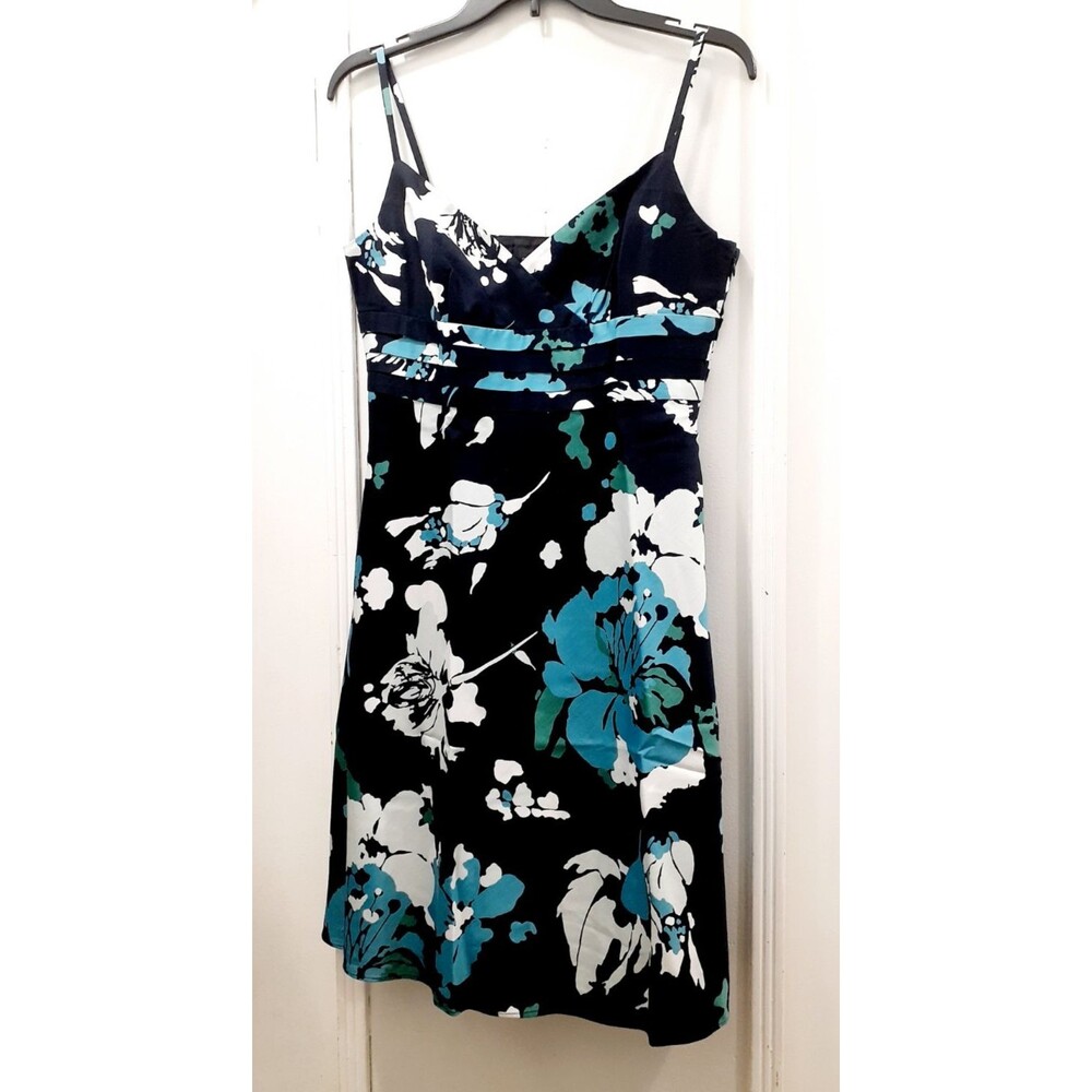 Ann Taylor ALine Dress SZ 6P Blue White Floral Cottage Sundress Sleeveless Knee